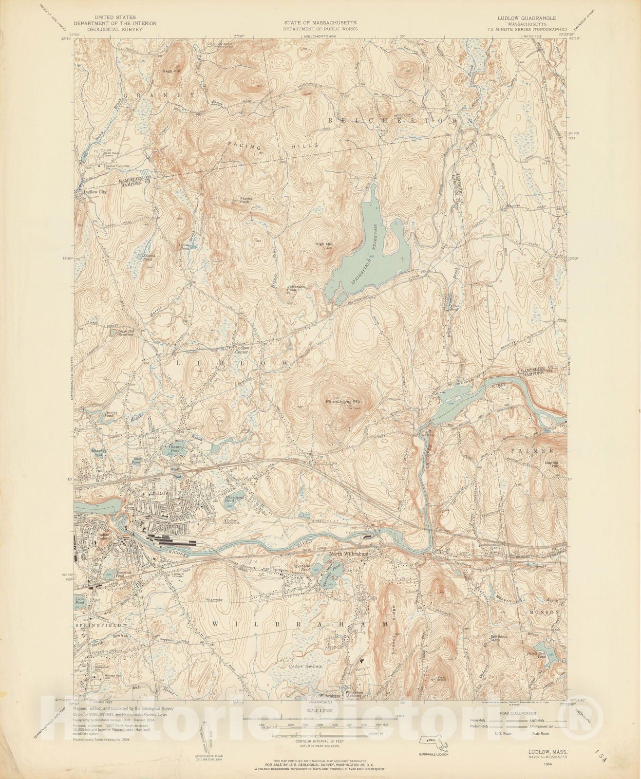 Historic Map : USGS 7.5 Minute Sheets and Quadrangles, Ludlow & Wilbraham 1954 Topographic Map , Vintage Wall Art