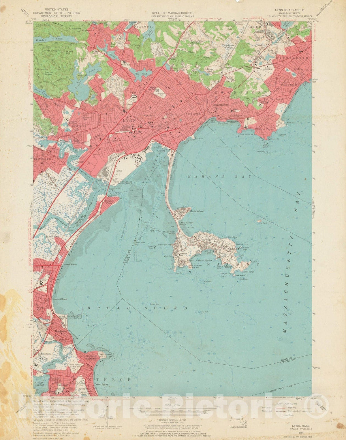 Historic Map : USGS 7.5 Minute Sheets and Quadrangles, Lynn & Nahant & Swampscott 1956 Topographic Map , Vintage Wall Art