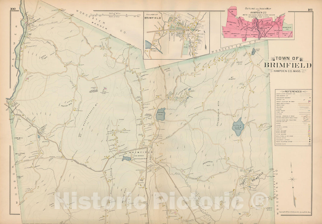 Historic Map : Atlas of Hampden County, Massachusetts, Brimfield 1894 , Vintage Wall Art