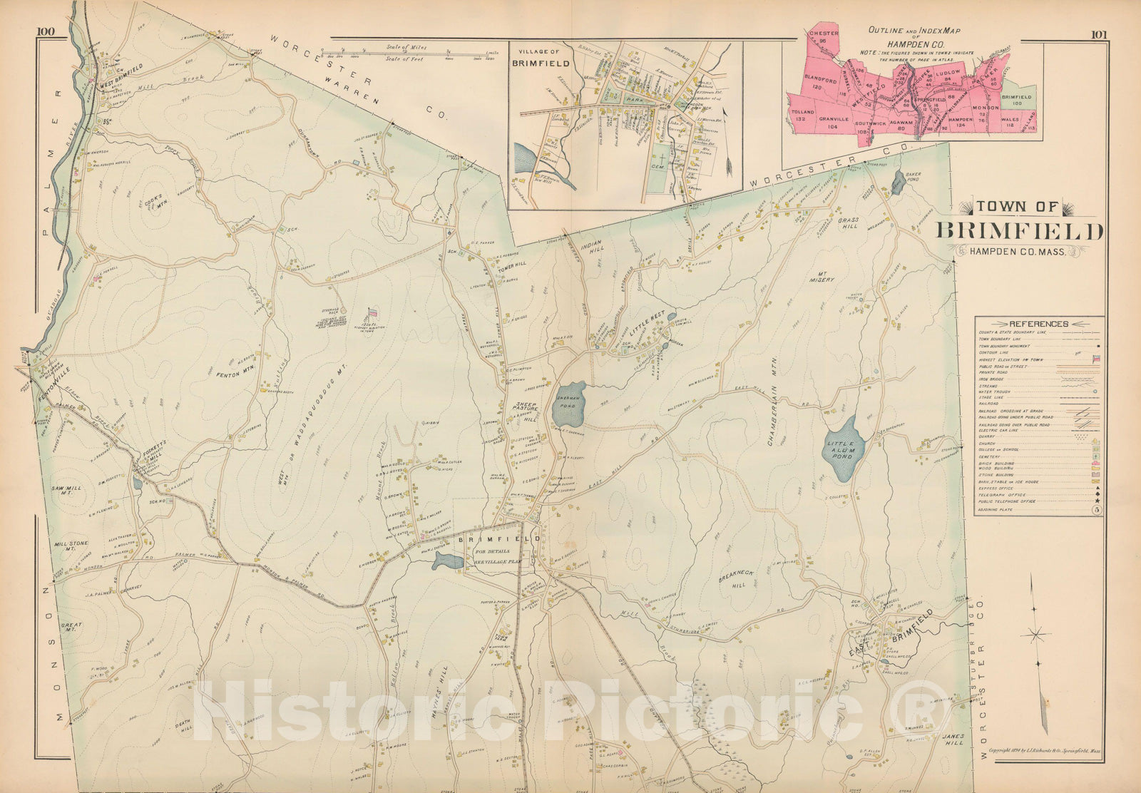 Historic Map : Atlas of Hampden County, Massachusetts, Brimfield 1894 , Vintage Wall Art