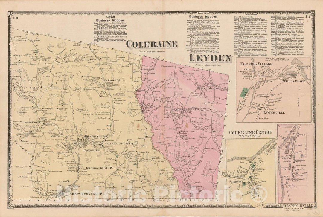 Historic Map : Atlas of Franklin Co. Massachusetts, Colrain & Leyden 1871 , Vintage Wall Art