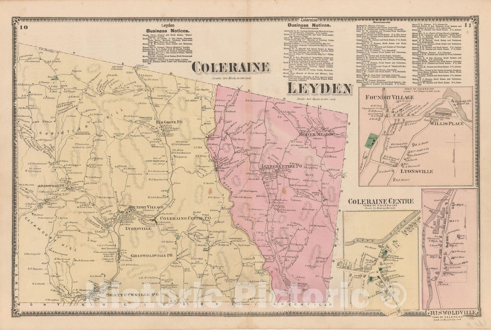 Historic Map : Atlas of Franklin Co. Massachusetts, Colrain & Leyden 1871 , Vintage Wall Art