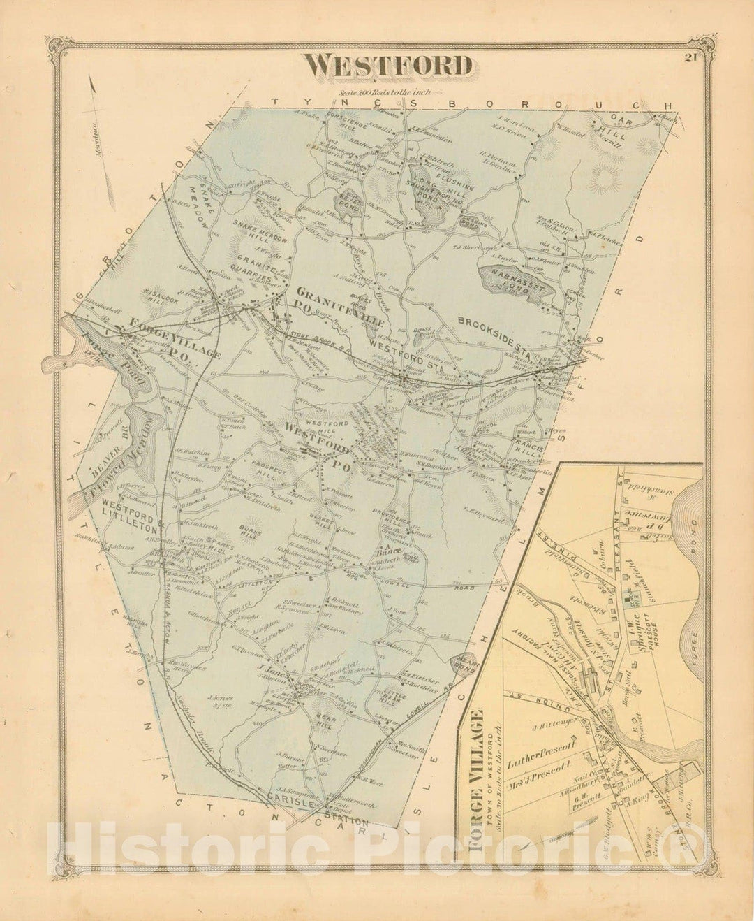 Historic Map : County Atlas of Middlesex Massachusetts, Westford 1875 , Vintage Wall Art