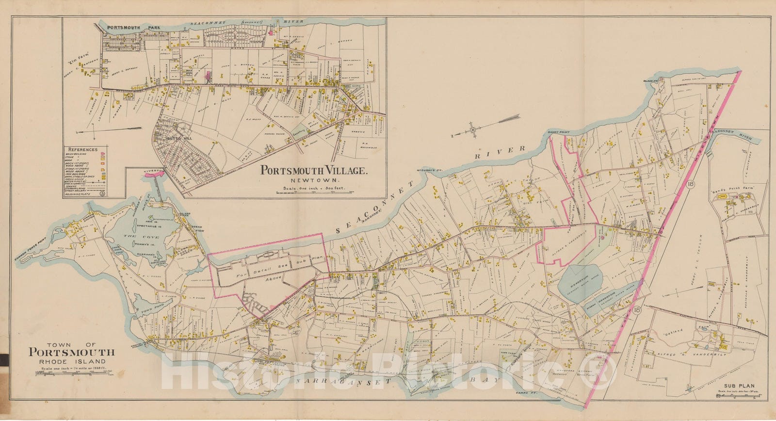 Historic Map : Atlas City of Newport, Rhode Island, Portsmouth 1907 , Vintage Wall Art