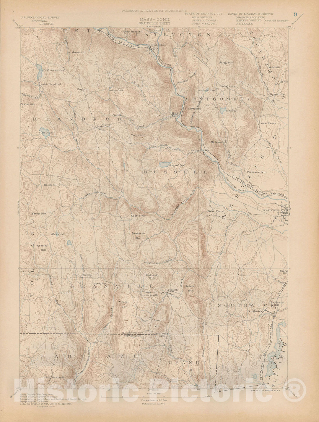 Historic Map : Atlas of Massachusetts, Blandford & Granville & Montgomery & Russell & Westfield 1890 Page 009 , Vintage Wall Art