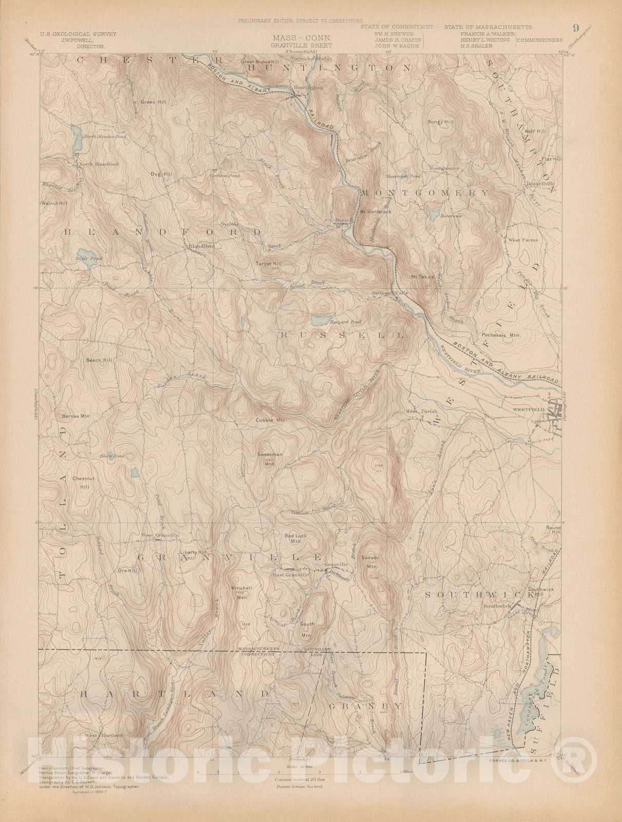 Historic Map : Atlas of Massachusetts, Blandford & Granville & Montgomery & Russell & Westfield 1890 Page 009 , Vintage Wall Art