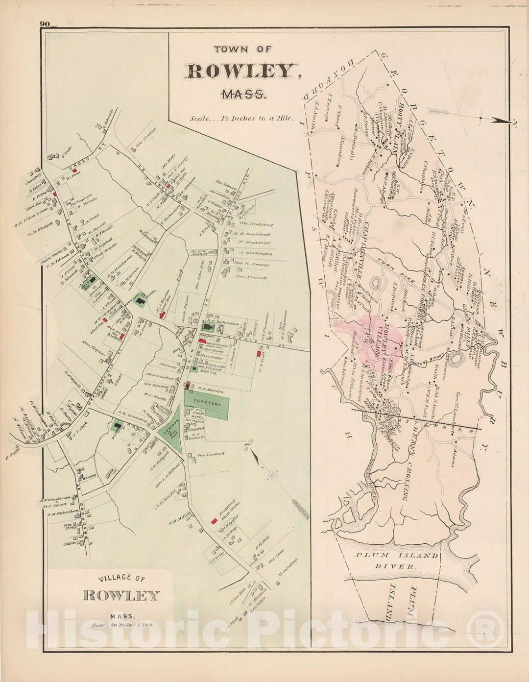 Historic Map : Atlas of Essex County, Rowley 1884 , Vintage Wall Art