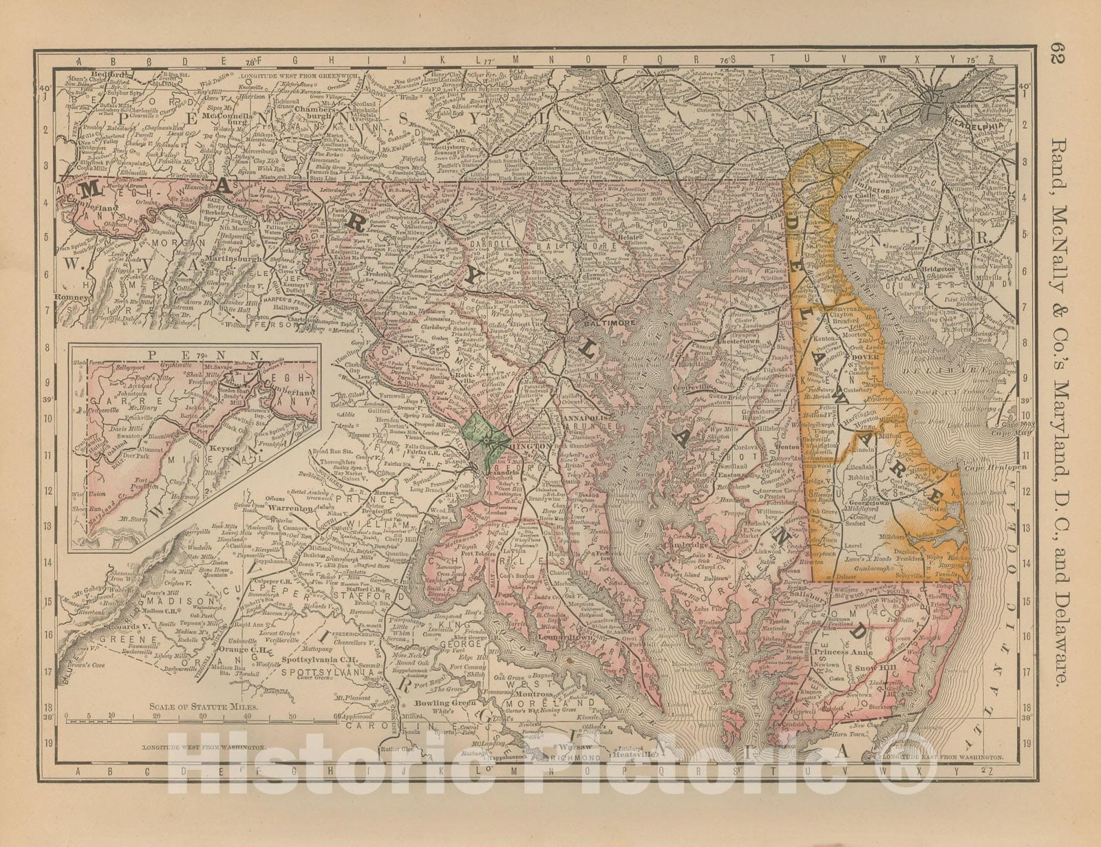 Historic Map : Delaware & Maryland 1877 , Business Atlas of the USA , Vintage Wall Art