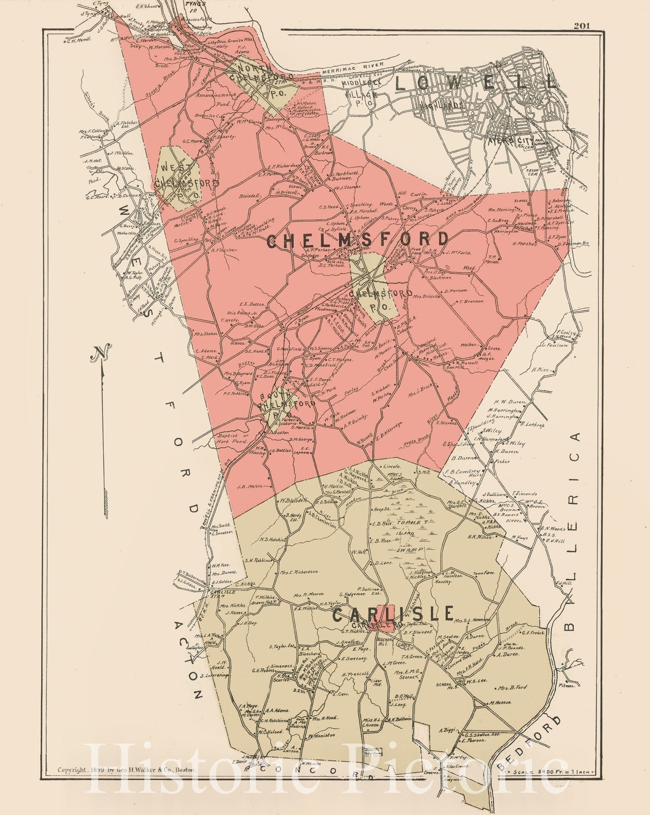 Historic Map : Atlas of Middlesex County, Massachusetts, Carlisle & Chelmsford 1889 , Vintage Wall Art