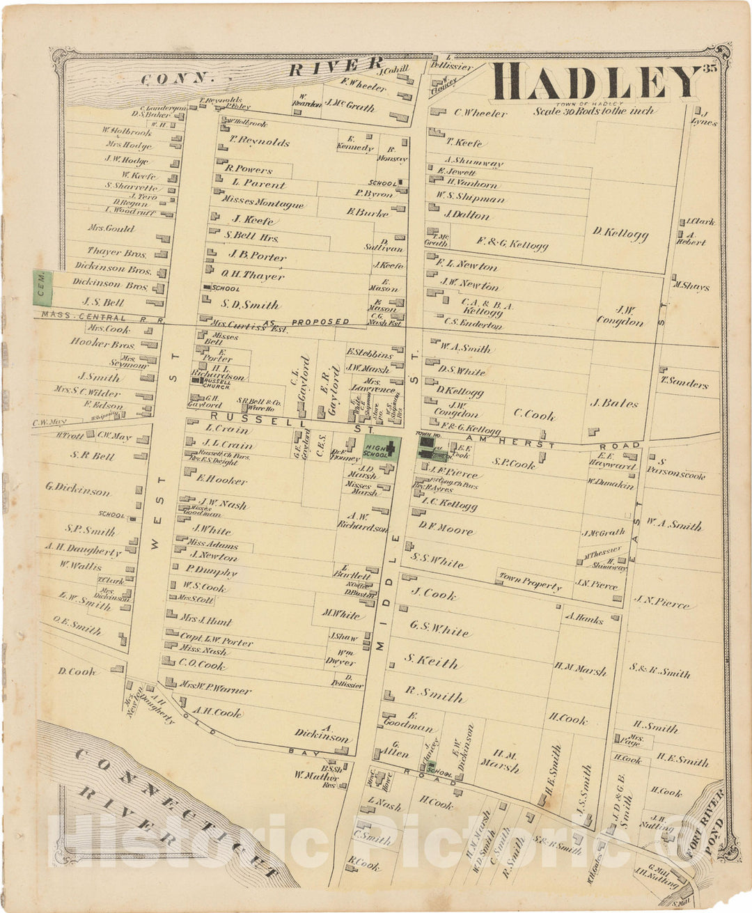 Historic Map : Atlas of Hampshire County Massachusetts, Hadley 1873 , Vintage Wall Art