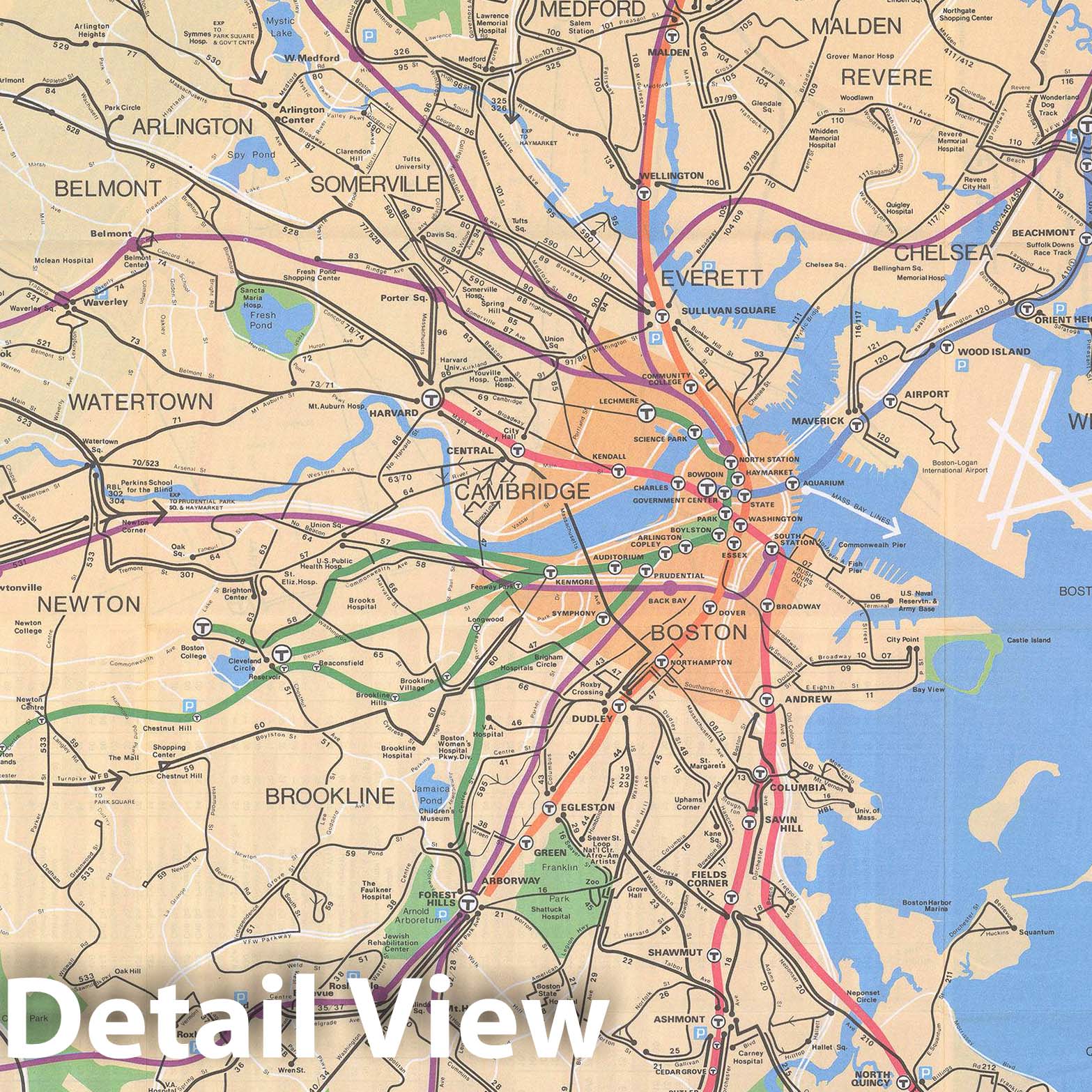 Historic Map : Greater Boston Transit Maps, MBTA System Map 1977 Railroad Catography , v2, Vintage Wall Art