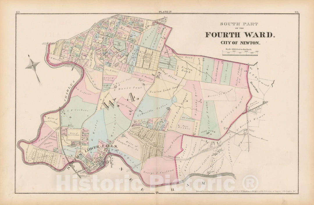 Historic Map : City of Newton, Middlesex County, Newton 1874 Plate P , Vintage Wall Art