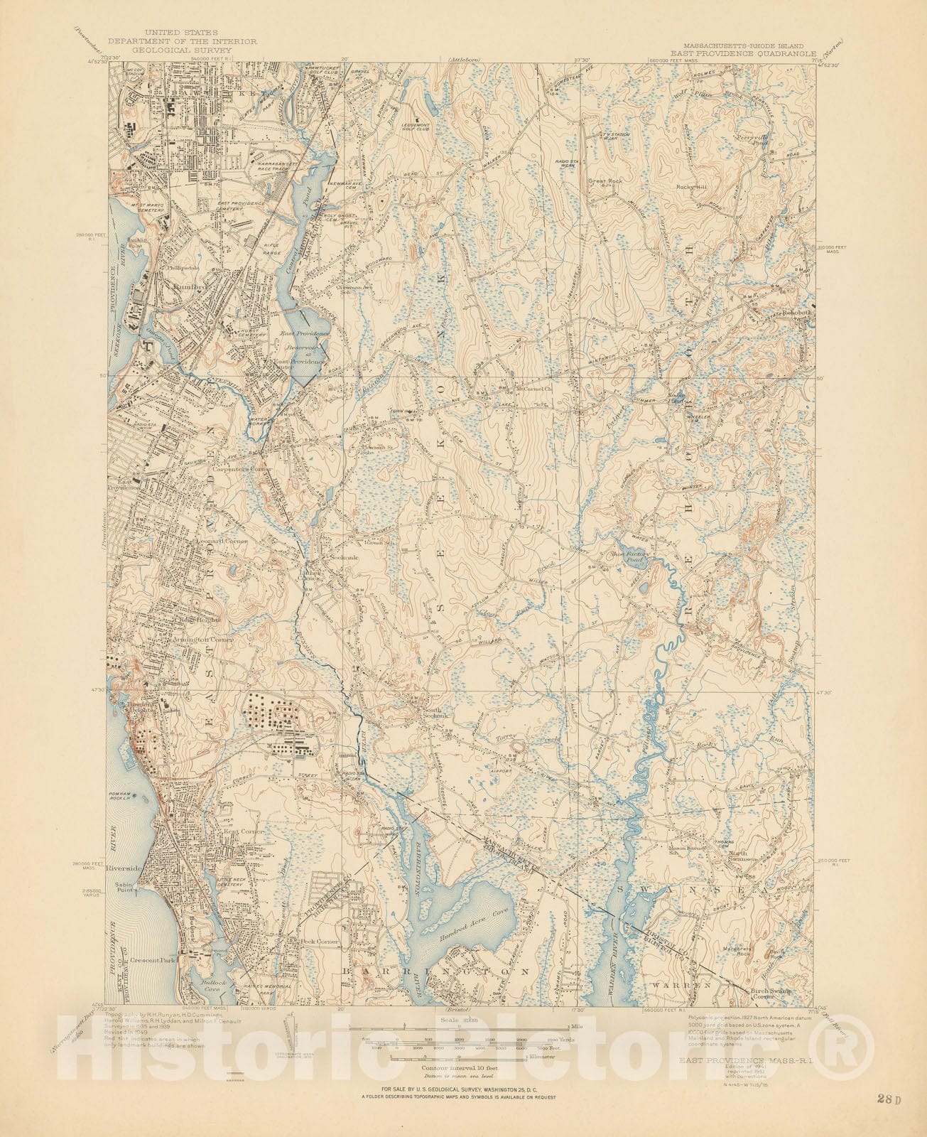 Historic Map : USGS 7.5 Minute Sheets and Quadrangles, East Providence & Rehoboth & Seekonk 1949 Topographic Map , Vintage Wall Art