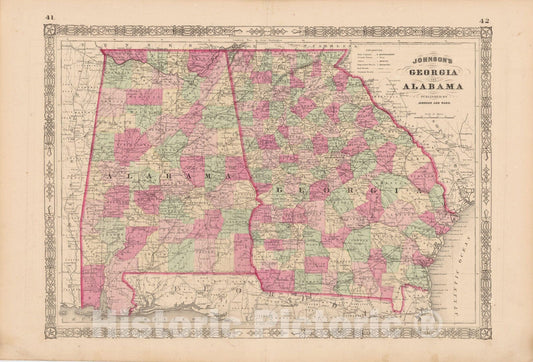 Historic Map : Alabama & Georgia 1865 , Johnson's Family Atlas , Vintage Wall Art