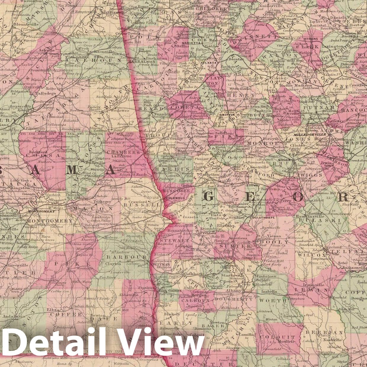 Historic Map : Alabama & Georgia 1865 , Johnson's Family Atlas , Vintage Wall Art