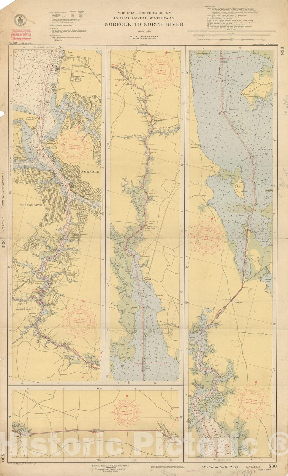 Historic Map : Coastal Charts - Virginia NC Intracoastal: Norfolk to North River 1948 , Vintage Wall Art