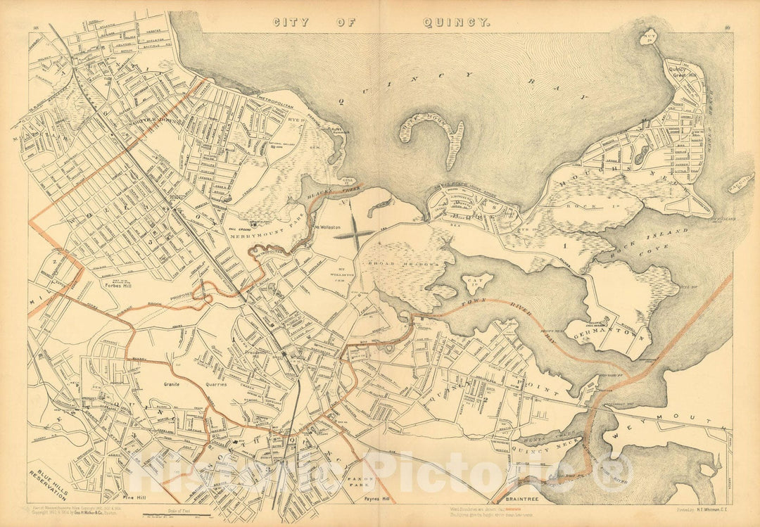 Historic Map : Atlas of Massachusetts, Quincy 1904 , Vintage Wall Art