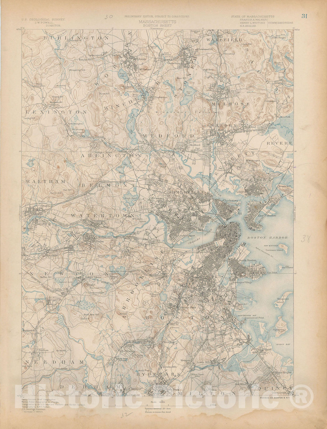 Historic Map : Atlas of Massachusetts, Boston & Malden & Medford & Melrose & Watertown 1890 Page 31 , Vintage Wall Art