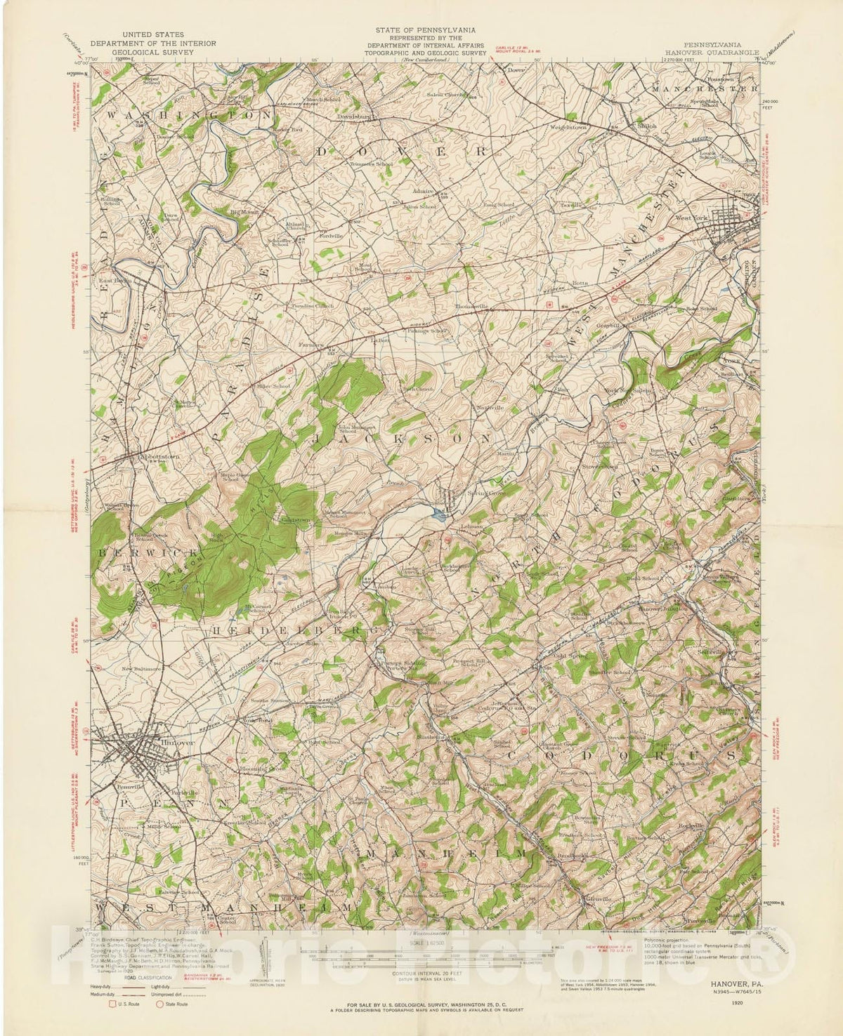 Historic Map : USGS 7.5 Minute Sheets and Quadrangles, Hanover & West York 1959 Topographic Map , Vintage Wall Art