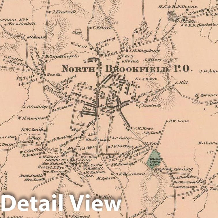 Historic Map : Atlas of Worcester County, Massachsuetts, North Brookfield 1870 , Vintage Wall Art