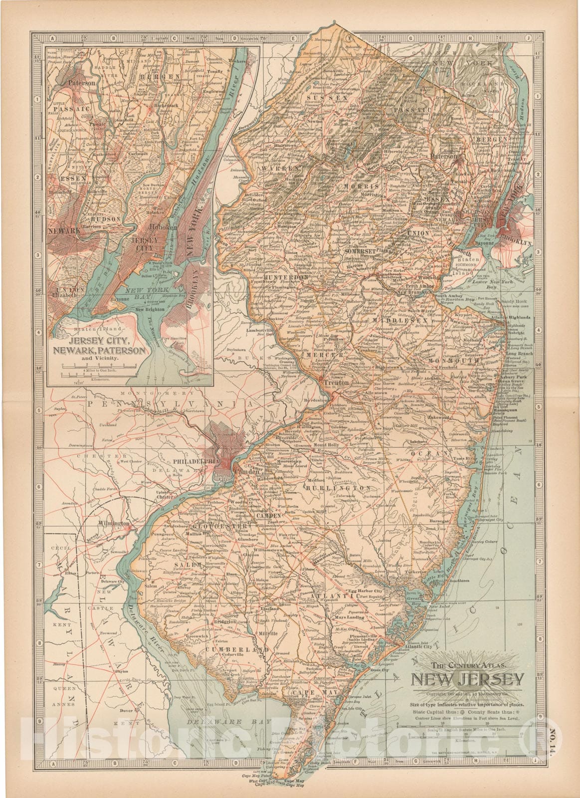 Historic Map : New Jersey 1914 , Century Atlas of the World, Vintage Wall Art