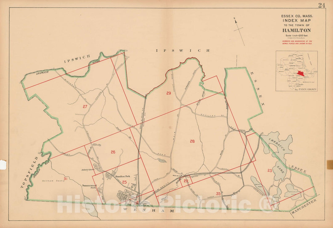Historic Map : Atlas Towns of Topsfield, Ipswich, Essex, Hamilton and Wenham, Essex County, MA, Hamilton 1910 Plate 024 , Vintage Wall Art