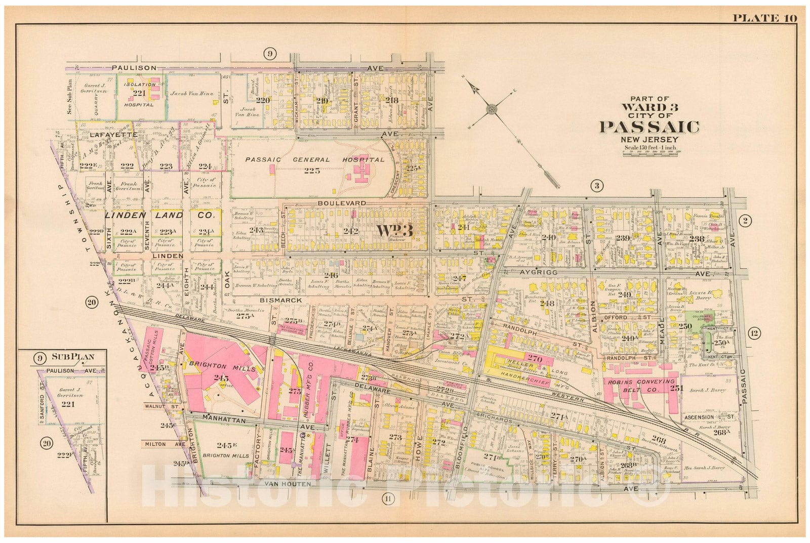 Historic Map : Atlas City of Passaic and Acquackanon Township County New Jersey 1916 Plate 010 , Vintage Wall Art