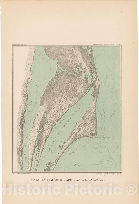 Historic Map : Lagoon Harbor, Cape Canaveral 1893 Topographic Map , 13th Annual Report of the US Geological Survey , Vintage Wall Art