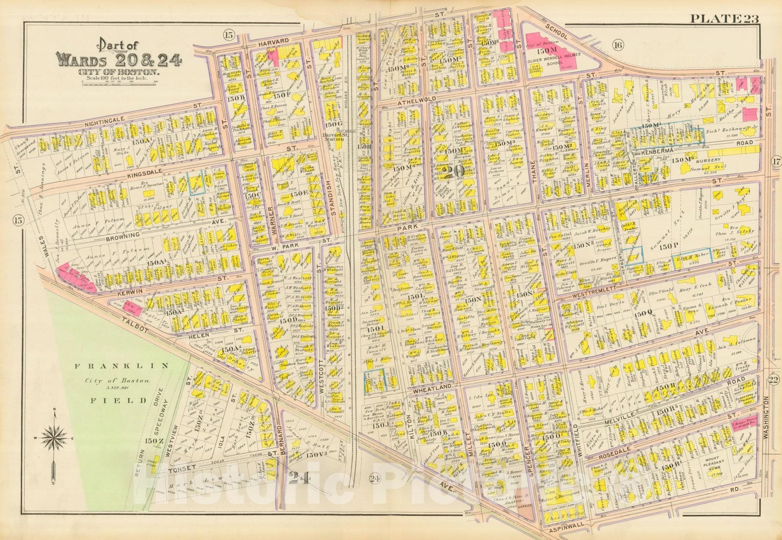 Historic Map : Atlas City of Boston, Dorchester, Dorchester 1910 Plate 023 , Vintage Wall Art