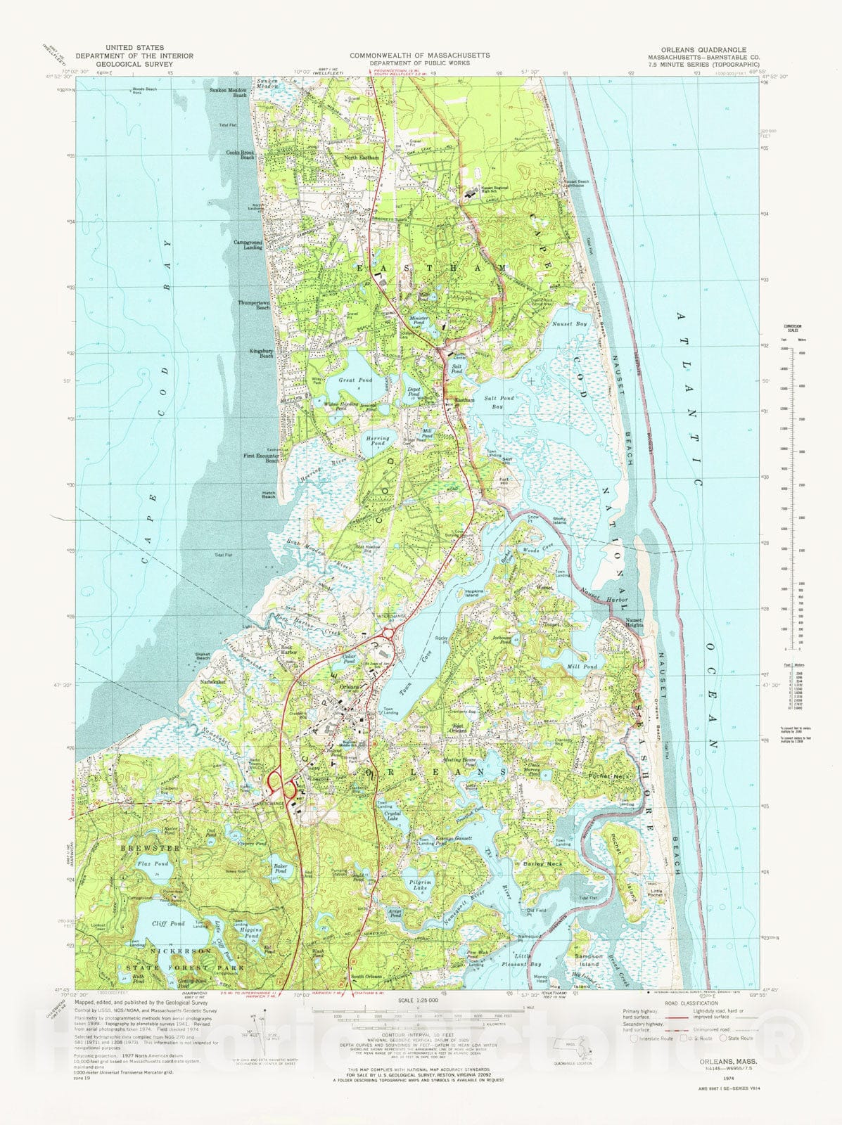 Historic Map : USGS 7.5 Minute Sheets and Quadrangles, Orleans 1974 Topographic Map , Vintage Wall Art