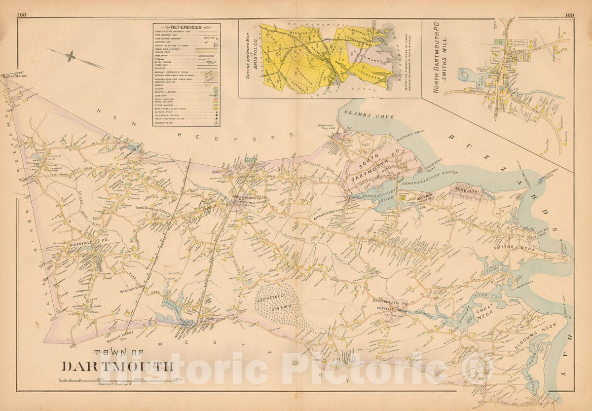 Historic Map : New Topographical Atlas of Surveys Bristol County Massachusetts, Dartmouth 1895 , v2, Vintage Wall Art