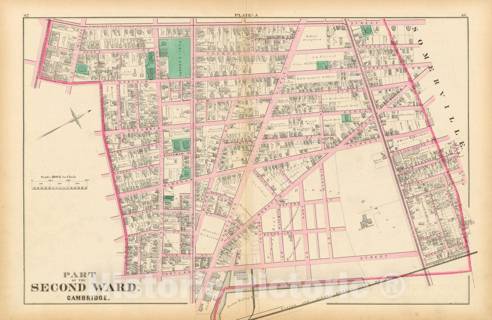 Historic Map : Atlas City of Cambridge, Middlesex Co., Massachusetts, Cambridge 1873 Plate J , Vintage Wall Art