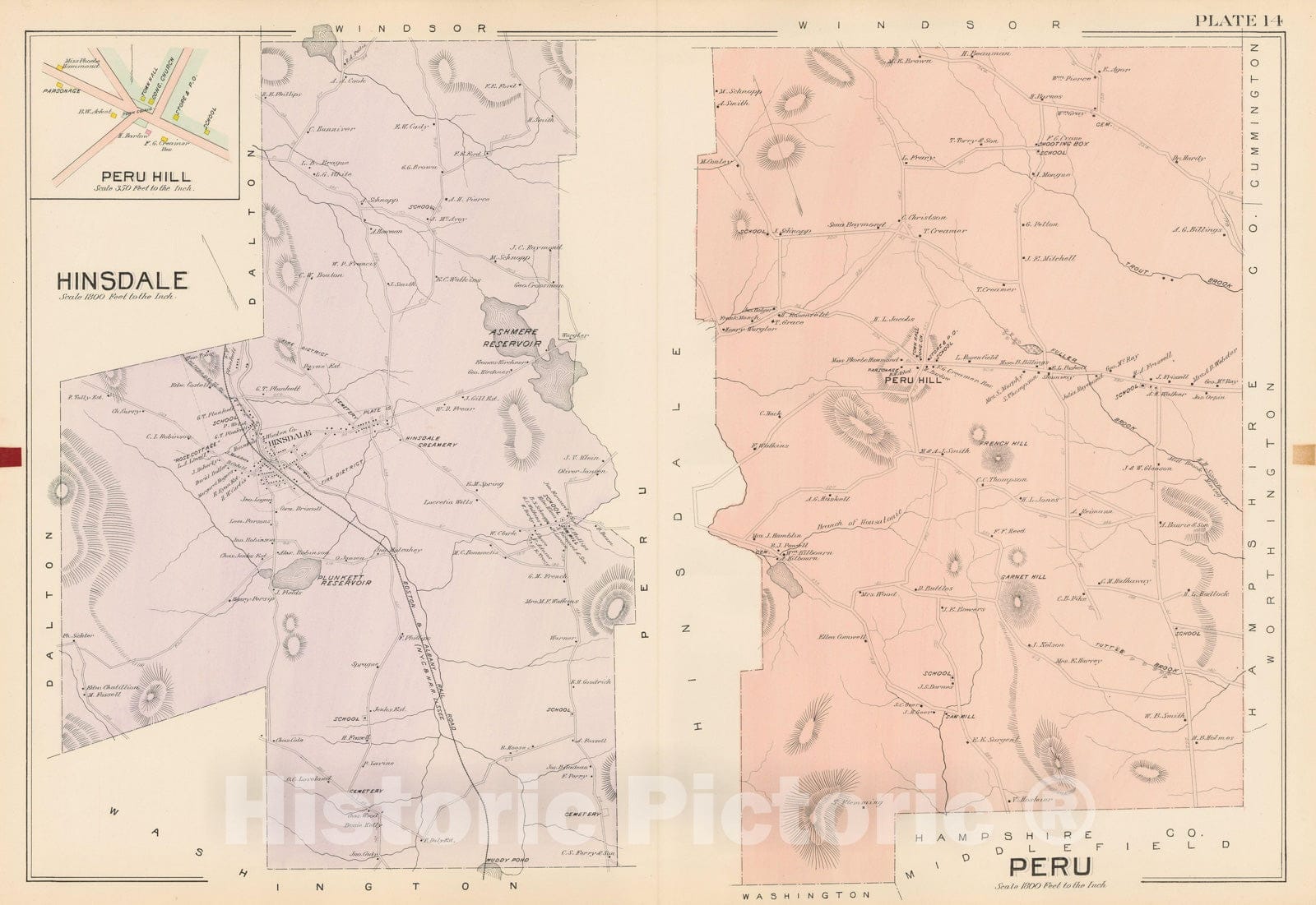 Historic Map : Atlas of Berkshire County Massachusetts, Hinsdale & Peru 1904 Plate 014 , Vintage Wall Art