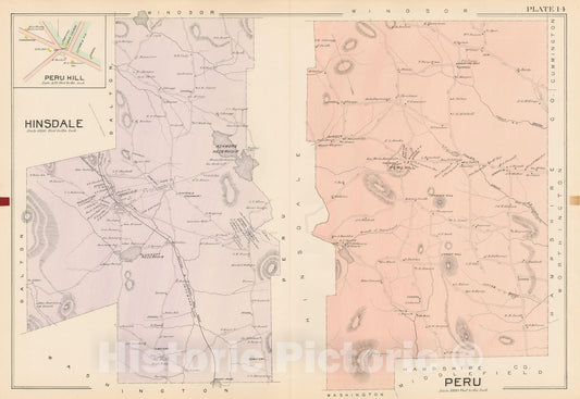 Historic Map : Atlas of Berkshire County Massachusetts, Hinsdale & Peru 1904 Plate 014 , Vintage Wall Art