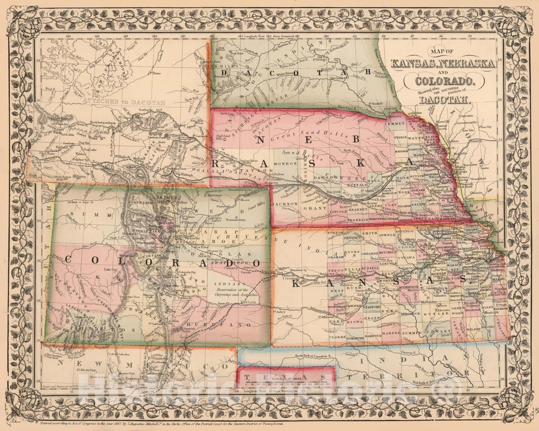 Historic Map : Colorado & Kansas & Nebraska 1867 , New General Atlas , Vintage Wall Art