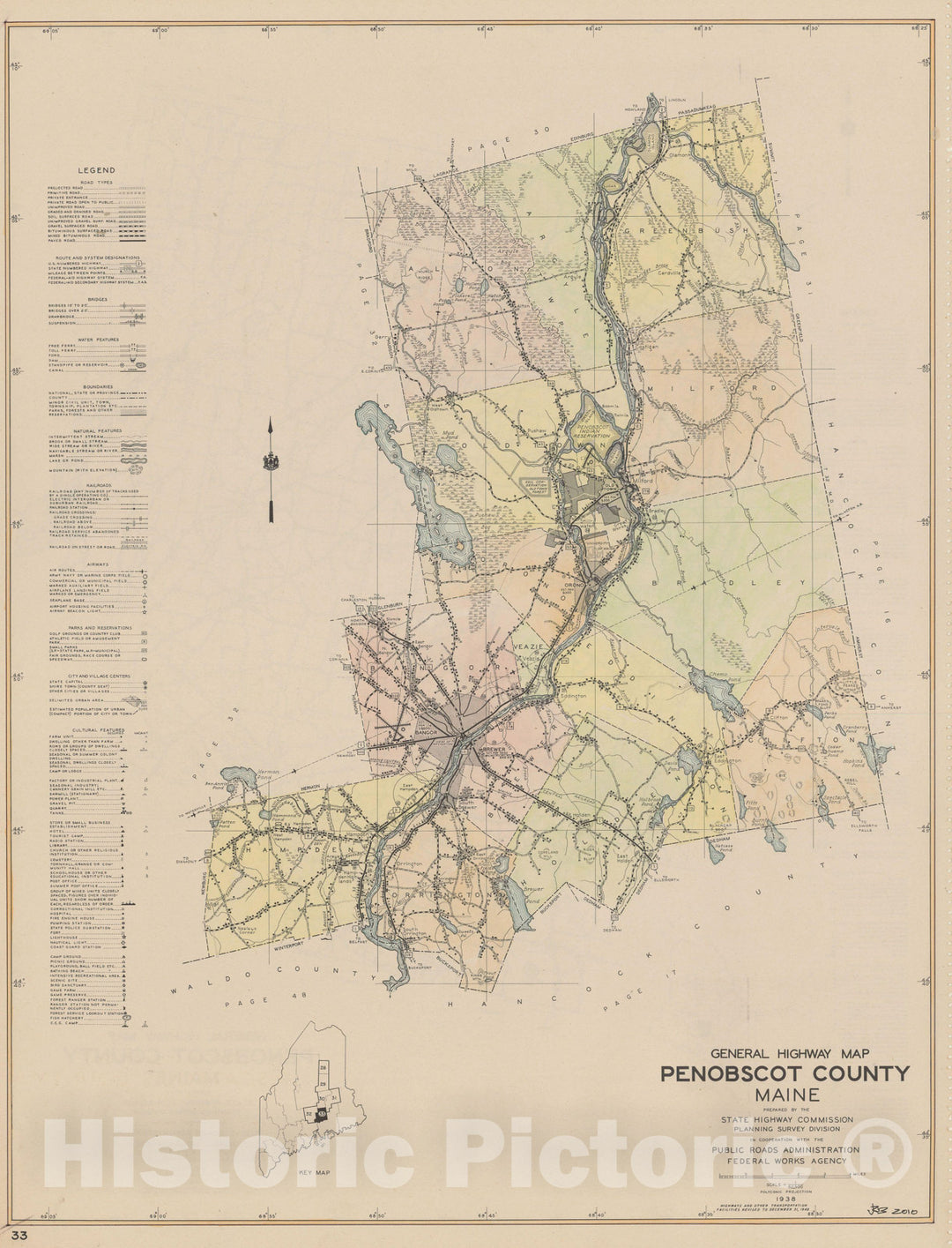 Historic Map : Maine General Highway County Maps, Penobscot 1938 Plate 033 , Vintage Wall Art