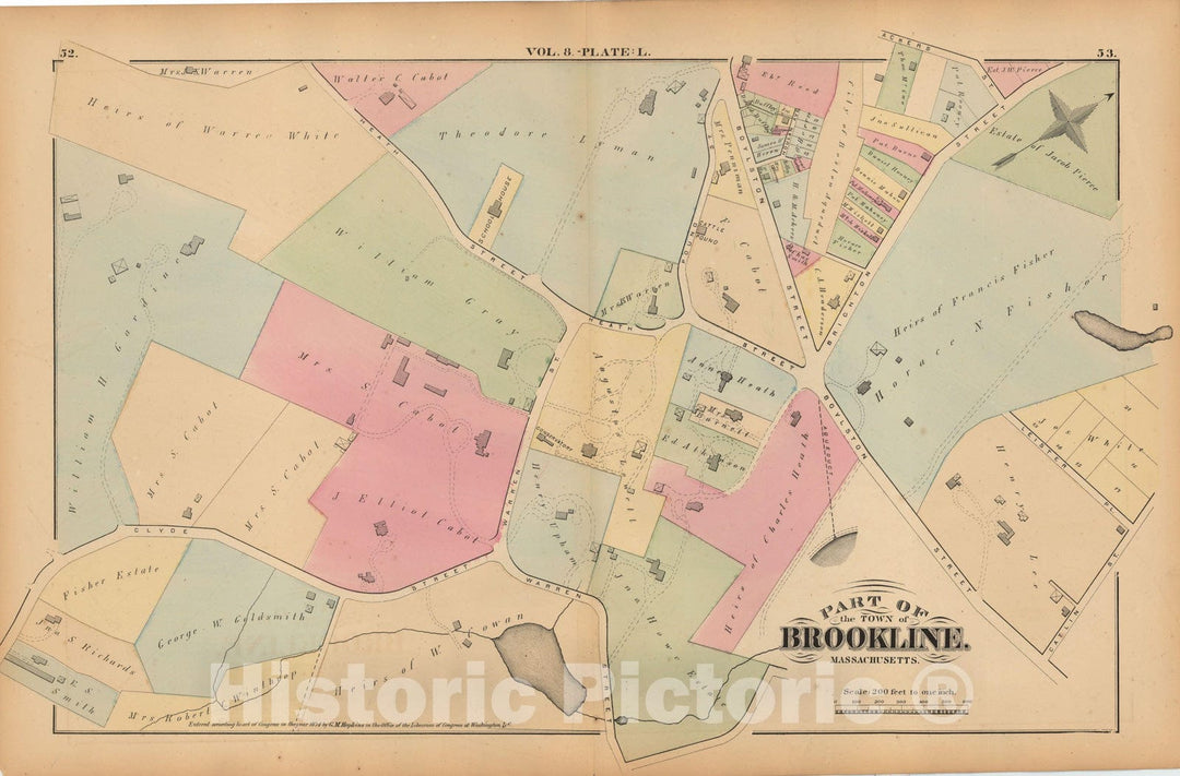 Historic Map : Atlas Town of Brookline, Brookline 1874 Plate L , Vintage Wall Art