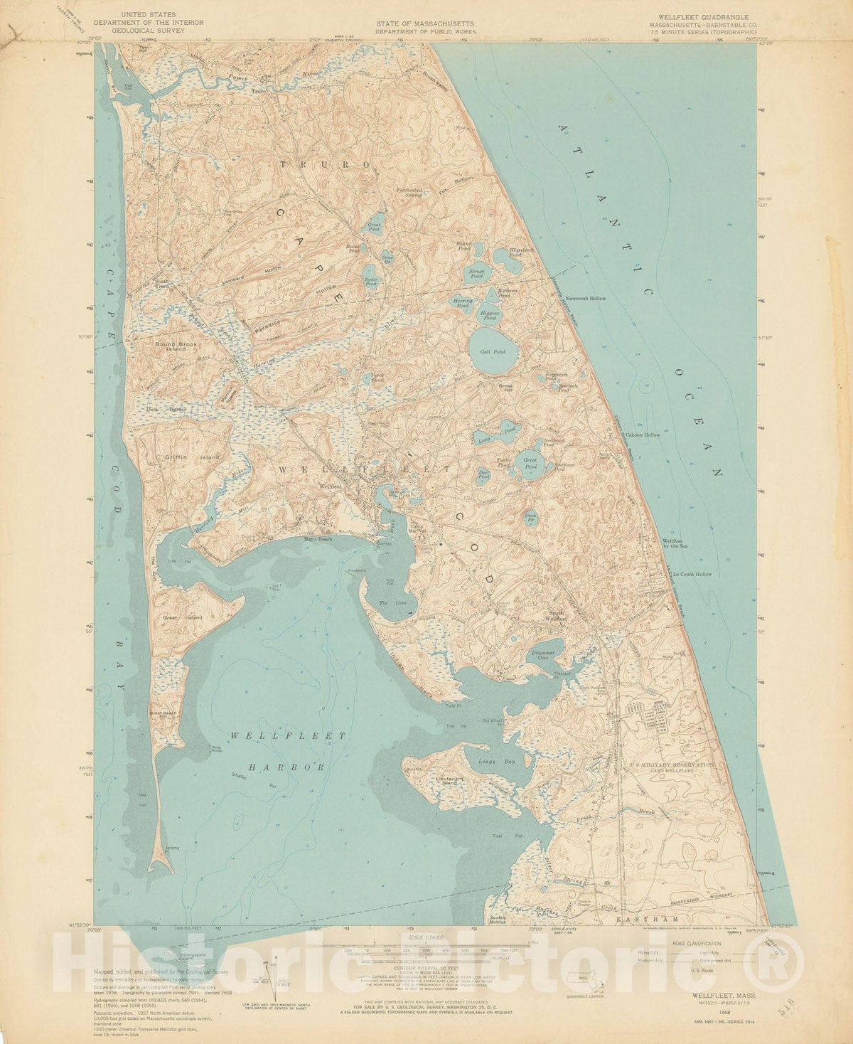 Historic Map : USGS 7.5 Minute Sheets and Quadrangles, Truro & Wellfleet 1958 Topographic Map , Vintage Wall Art