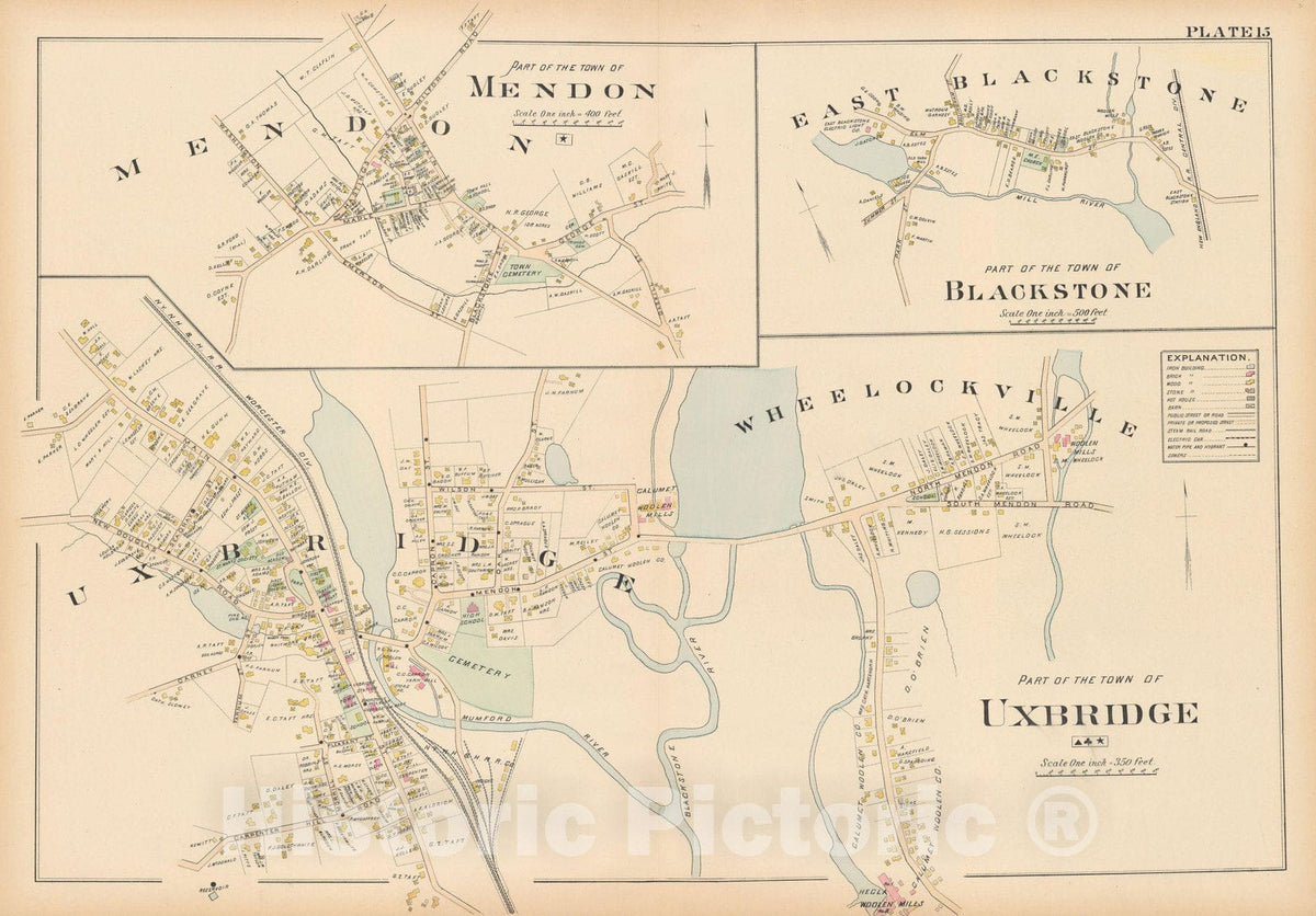 Historic Map : New Topo Atlas County of Worcester, Blackstone & Mendon & Uxbridge 1898 Plate 015 , Vintage Wall Art