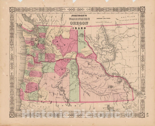 Historic Map : Idaho & Oregon & Washington 1865 , Johnson's Family Atlas , Vintage Wall Art