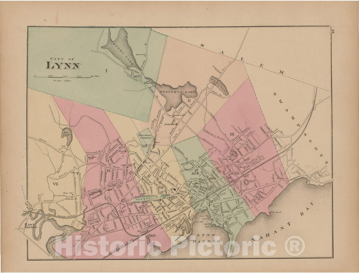 Historic Map : Official Topographical Atlas of Massachusetts, Lynn 1871 , Vintage Wall Art