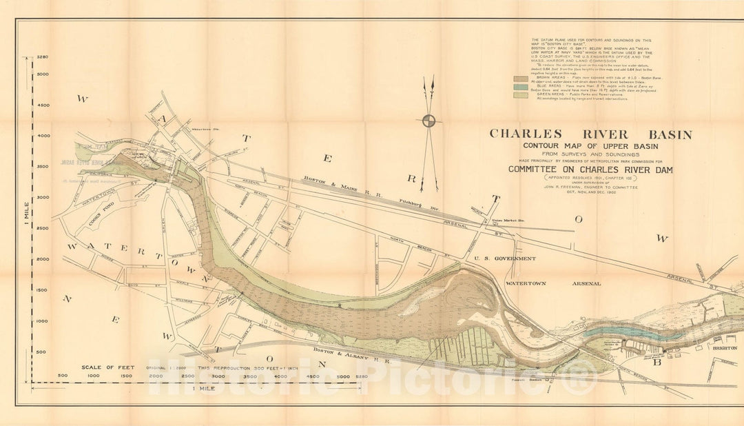 Historic Map : Charles River Dam Report c1902, Charles River Upper Basin Contour Map (Left Panel) 1902 Topographic Map , Vintage Wall Art