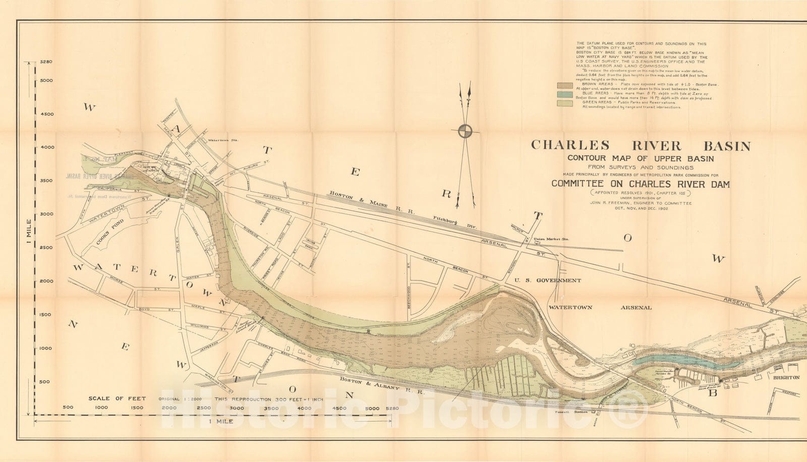 Historic Map : Charles River Dam Report c1902, Charles River Upper Basin Contour Map (Left Panel) 1902 Topographic Map , Vintage Wall Art