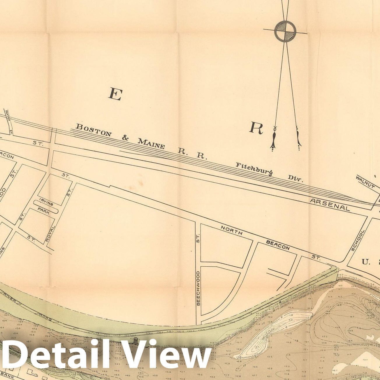 Historic Map : Charles River Dam Report c1902, Charles River Upper Basin Contour Map (Left Panel) 1902 Topographic Map , Vintage Wall Art