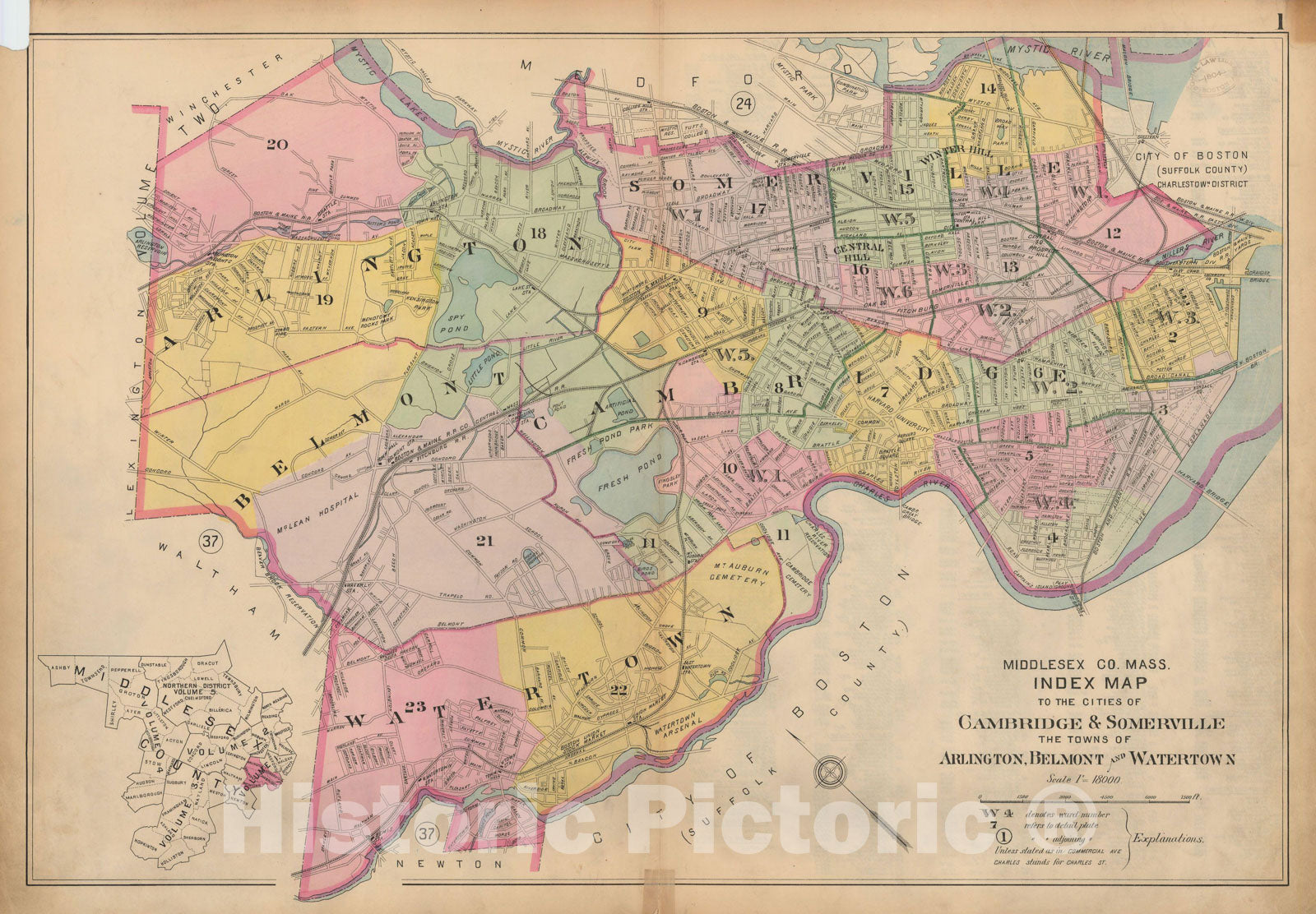 Historic Map : Atlas of Middlesex County, MA Vol. 1, Arlington & Belmont & Cambridge & Somerville & Watertown 1900 Plate 001 , Vintage Wall Art