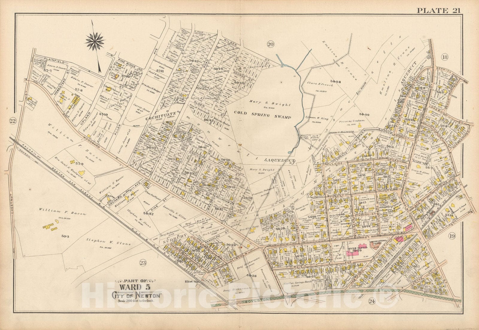 Historic Map : Atlas City of Newton, MA, Newton 1907 Plate 021 , Vintage Wall Art