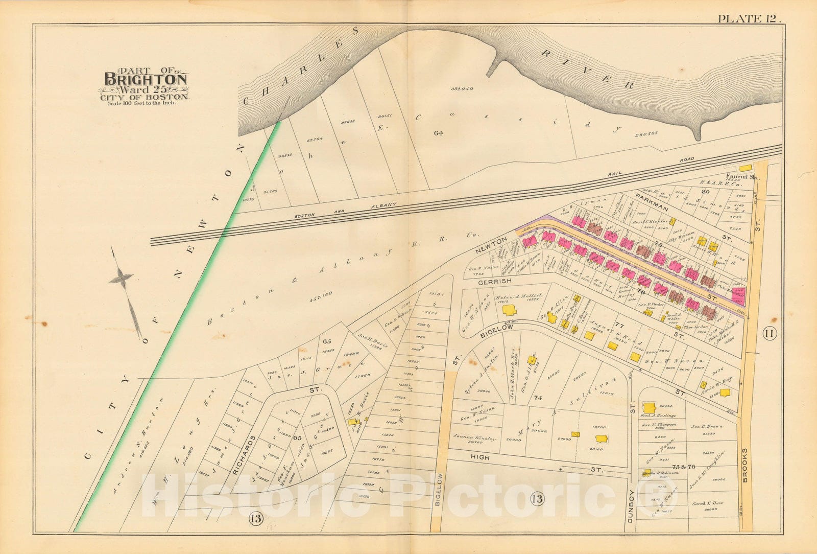 Historic Map : Atlas City of Boston, Volume 7, Brighton Mass., Brighton 1890 Plate 012 , Vintage Wall Art