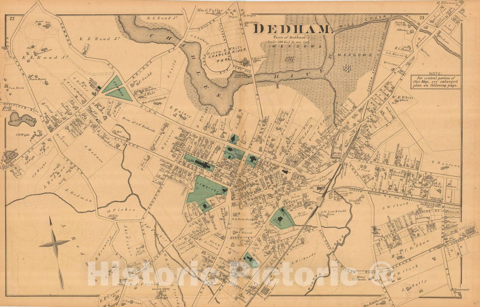 Historic Map : Atlas of Norfolk County, Dedham 1876 , Vintage Wall Art