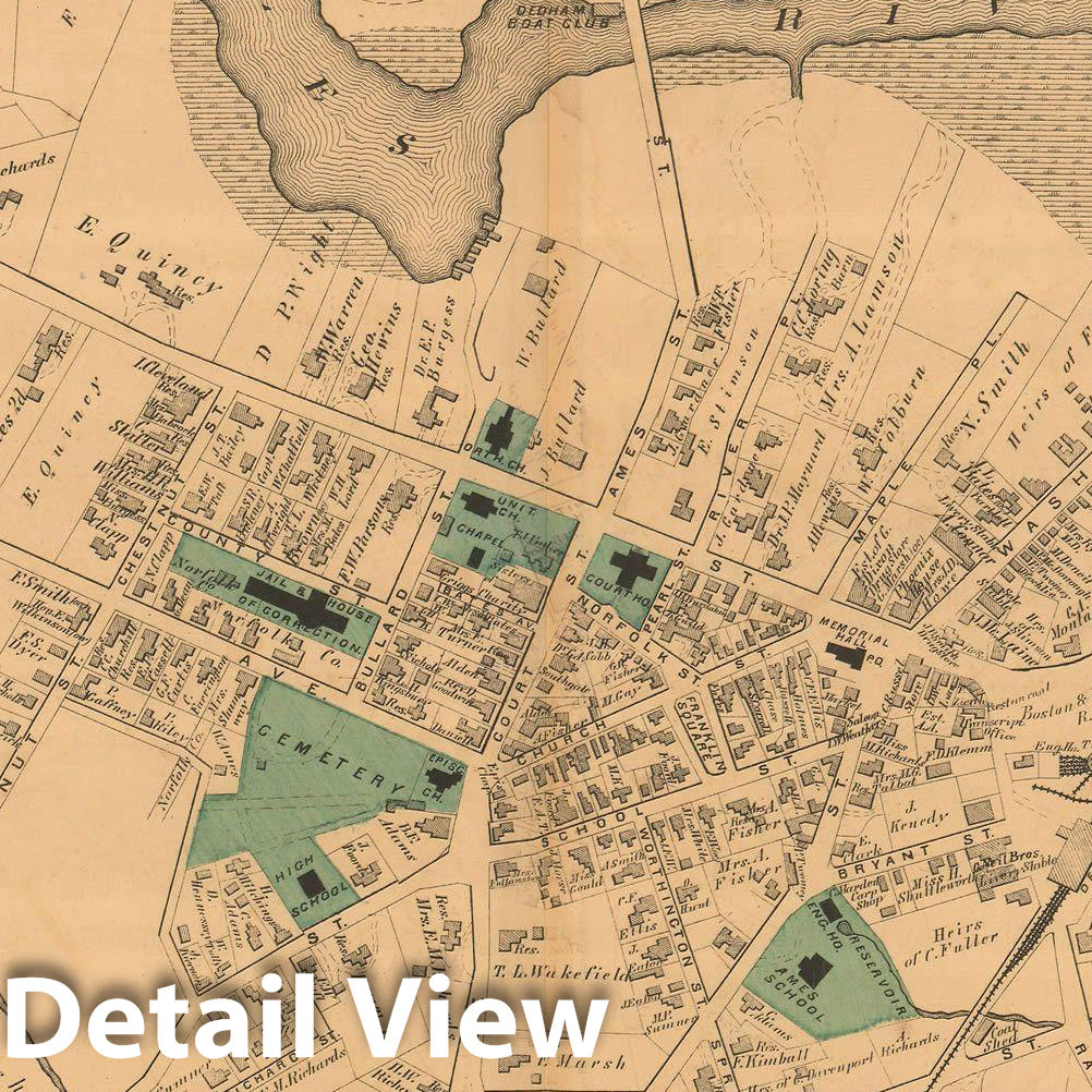 Historic Map : Atlas of Norfolk County, Dedham 1876 , Vintage Wall Art