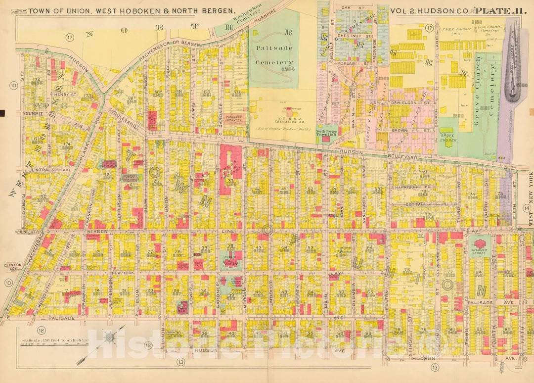 Historic Map : Atlas of Hudson County New Jersey, North Bergen & Union & West Hoboken 1909 Plate 011 , Vintage Wall Art